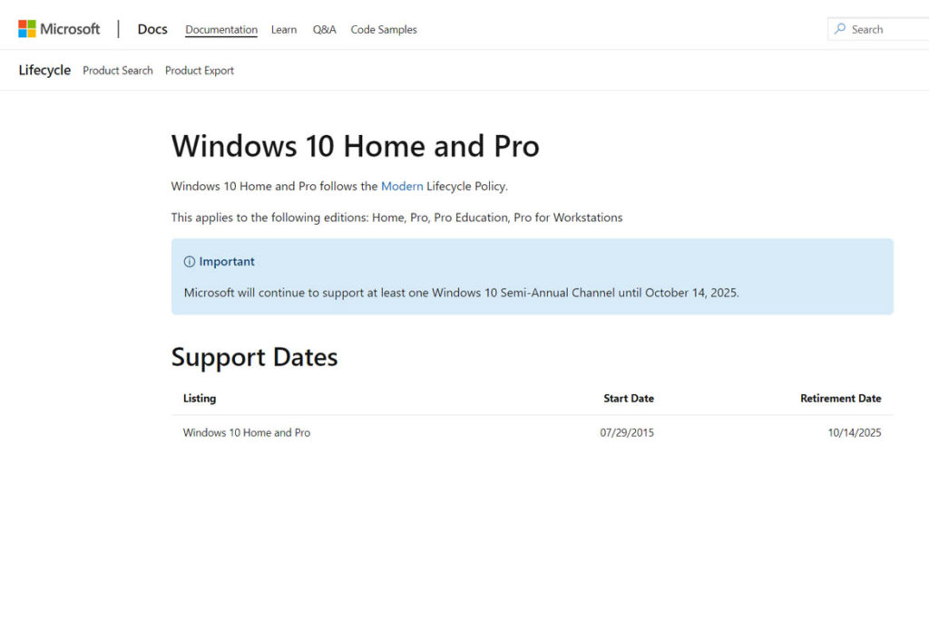 Microsoft to end Windows 10 support Screenshot